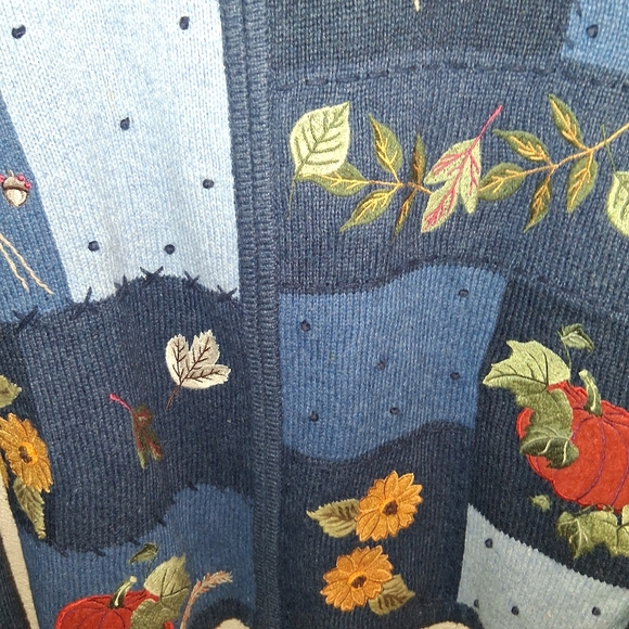 Croft & Barrow Vintage Fall  Cardigan Pumpkin Sunflower Leaves Thanksgiving L - Picture 3 of 5